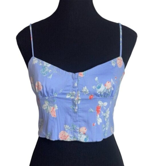 Zara Top Medium Blue Floral Ruched Back Crop Bustier Spaghetti Hook Eye Closure - Picture 1 of 13